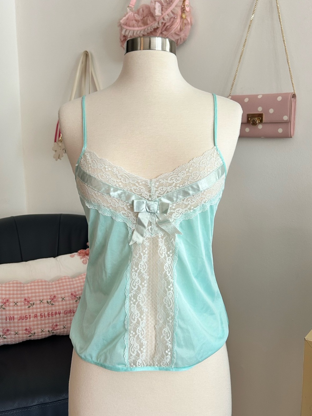 Light Teal Blue Bow Lace Trim Camisole Y2K